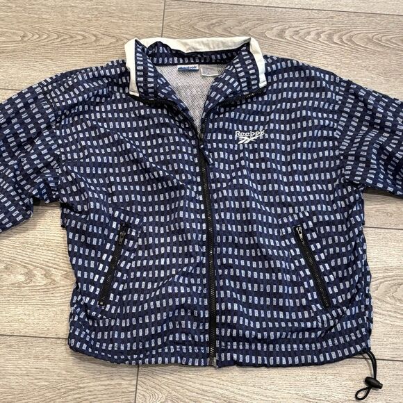 Vintage Reebok Jacket Women Medium Blue Geometric Pattern Windbreaker Track - Picture 1 of 8